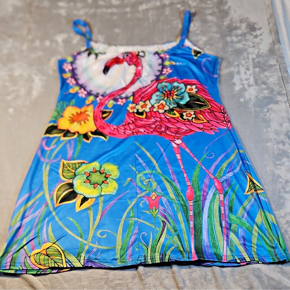 Womens Blue Tropical Flamingo Floral Strappy Sleeveless Slip Dress Size XL